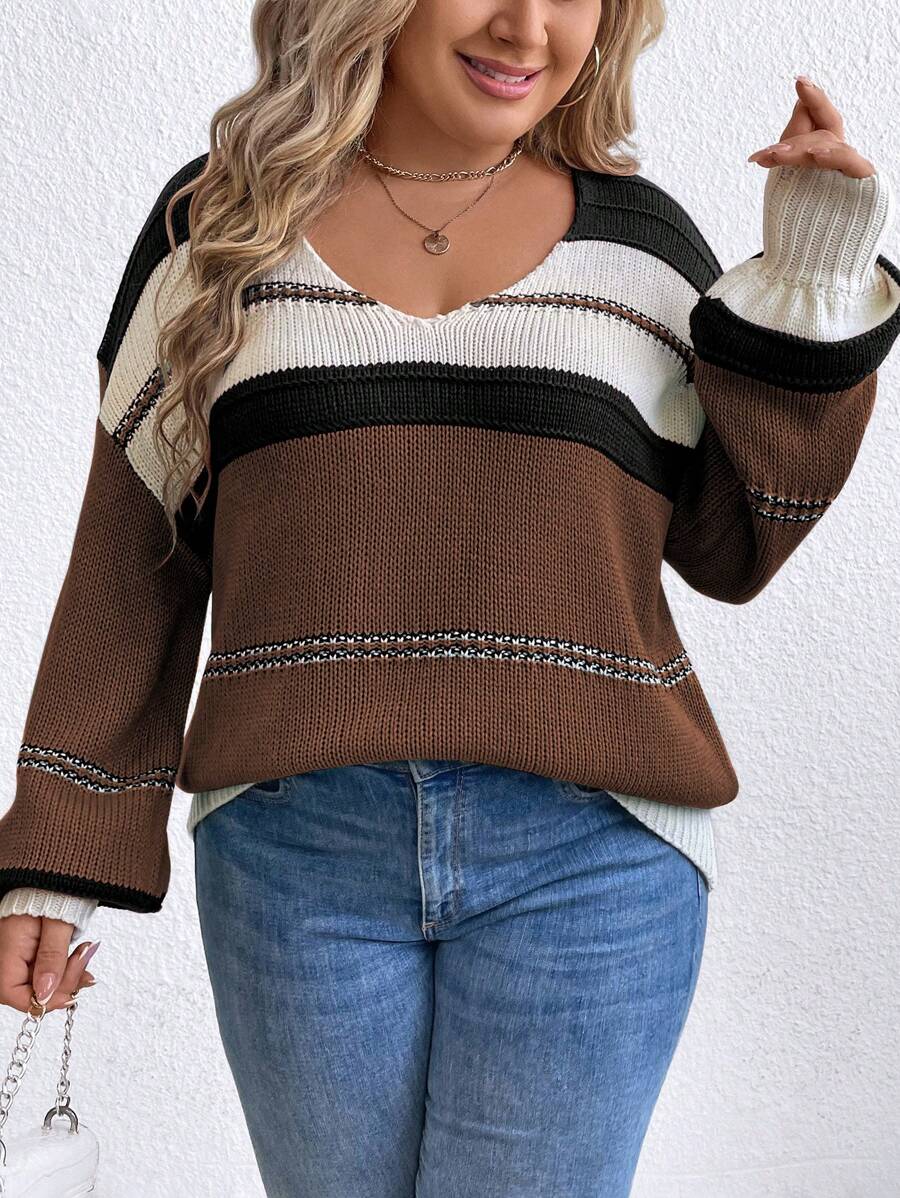 SHEIN LUNE Jersey de hombros caídos con bloques de color y rayas, talla grande, para otoño/invierno