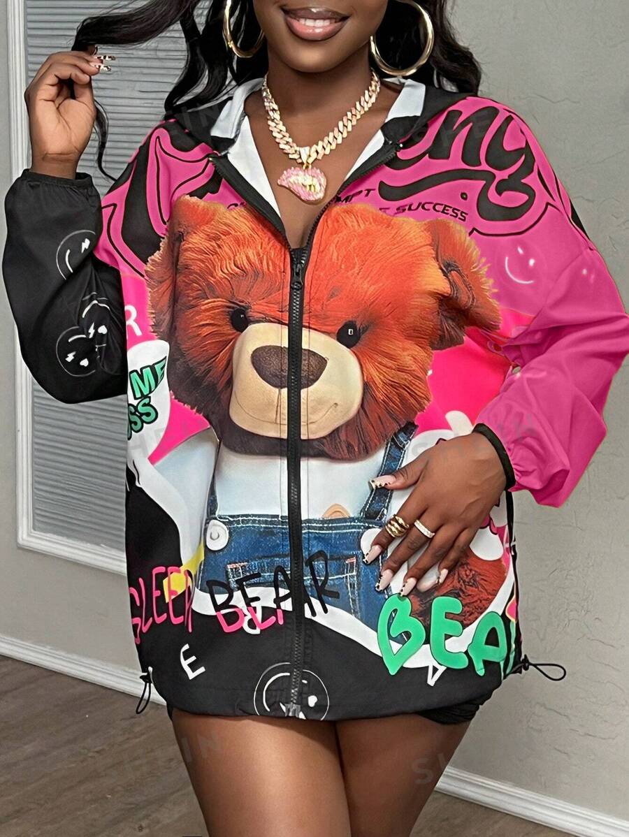 Slaydiva Estilo nuevo de chaqueta de mujer para otoño e invierno con capucha, cierre delantero central, hombros caídos, mangas largas, diseño de dobladillo con cordón, estampado de oso, estampado de eslogan de logotipo, estampado de cara sonriente, estilo casual de calle