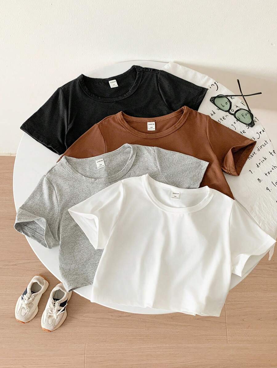 SHEIN Tween Girl 4pcs Round Neck Tee