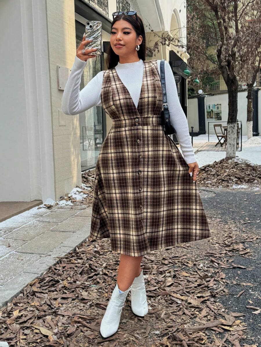 SHEIN Franclia Plus Size Retro Diepe V-hals Geruite Tweed Pinafore Jurk