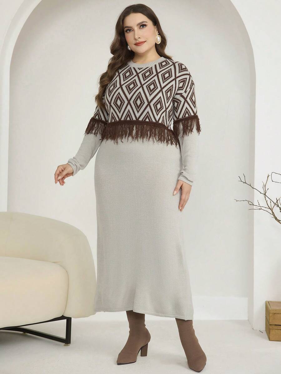 Mulvari Plus Size Women Elegant Geometric Pattern Contrast Fringe Trim Drop Shoulder Loose Sweater Dress, For Winter
