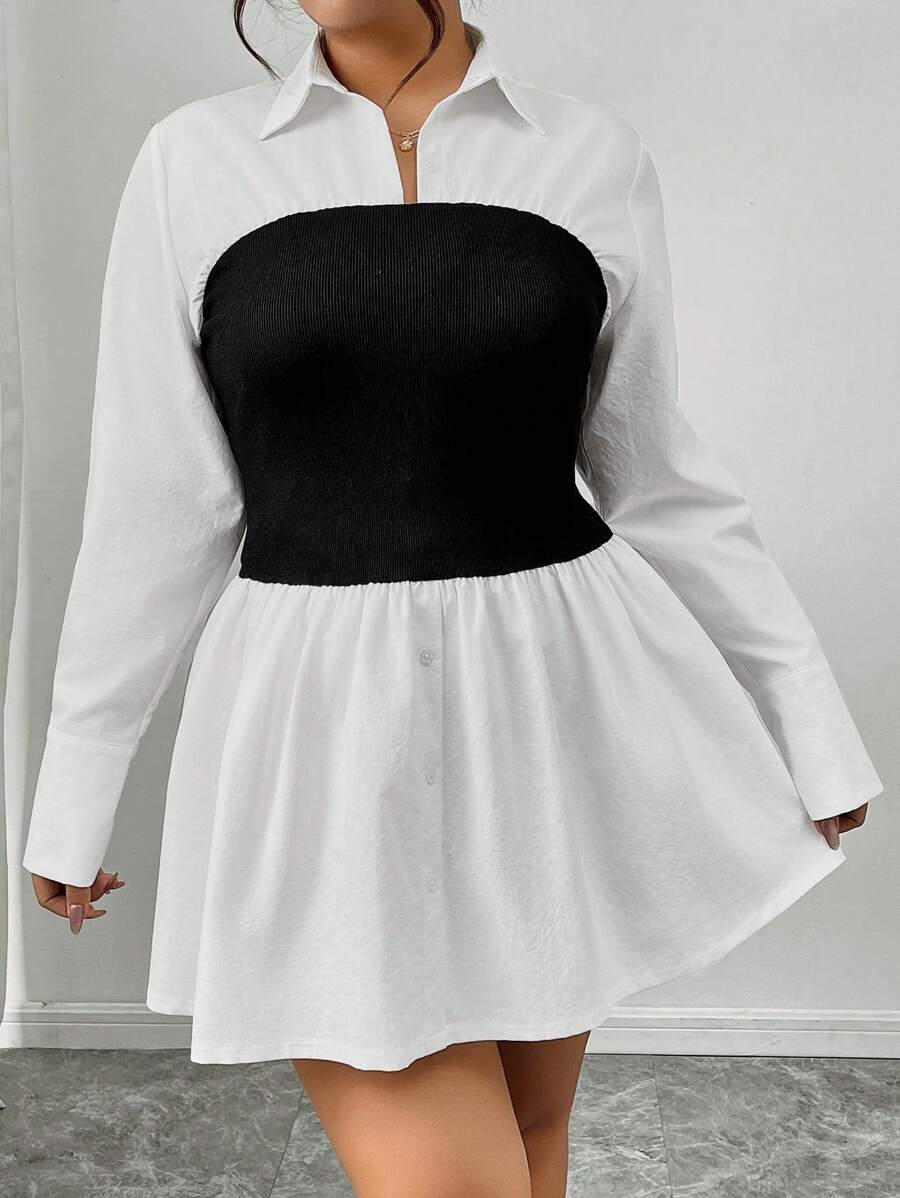 SHEIN Frenchy Plus Size Black & White Patchwork A-Line Dress, Fashionable Item For Autumn/Winter, Can Be Paired With Long Coats