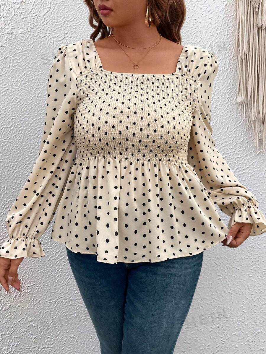 Calvaya 1 pieza Blusa retro minimalista de manga larga con estampado de lunares elegante