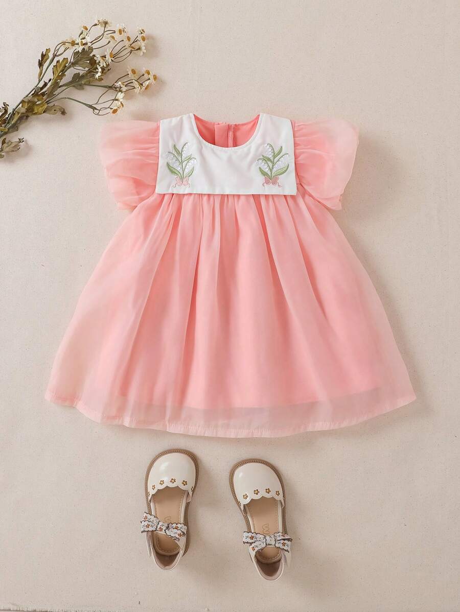 Souflis Souflis Baby Girl Dress Mesh Princess Dress With Floral Embroidery, Bubble Sleeves, Hidden Zipper, Lovely & Sweet Style, Soft And Retro, Suitable For Spring And Summer
