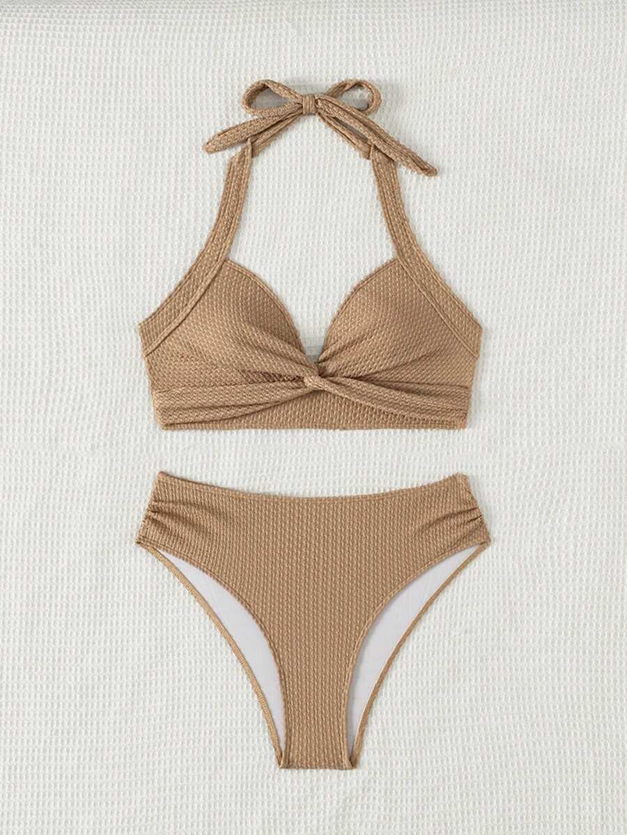 SHEIN Swim Textured Fabric V-Neck Twist Front Top And Regular Shorts 2PCS Women Bikini Set, Vacation Style Summer