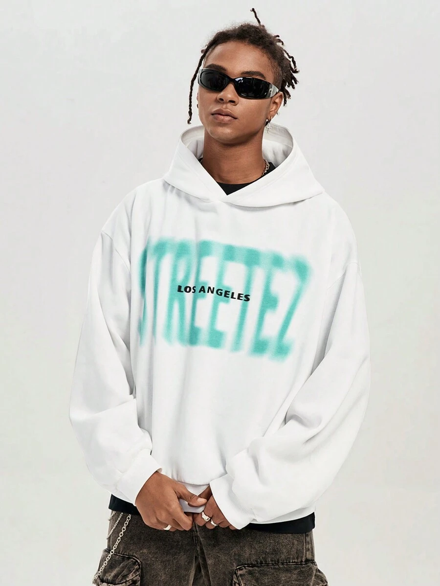 Manfinity VCAY Men's Loose Letter Print Long Sleeve Fluffy Fashion Hooded Sweatshirt, Thick Graphic White Gym Hoodie, For Friends, Husband, Boyfriend Gifts