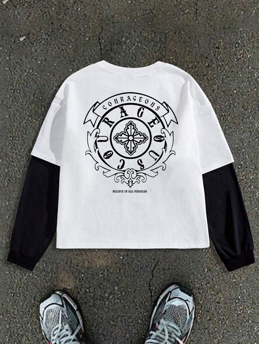 Manfinity VCAY Men Letter Graphic Print Round Neck 2 In 1 Long Sleeve Casual T-Shirt, Autumn, Fashion, Boyfriend Gift, For Going Out