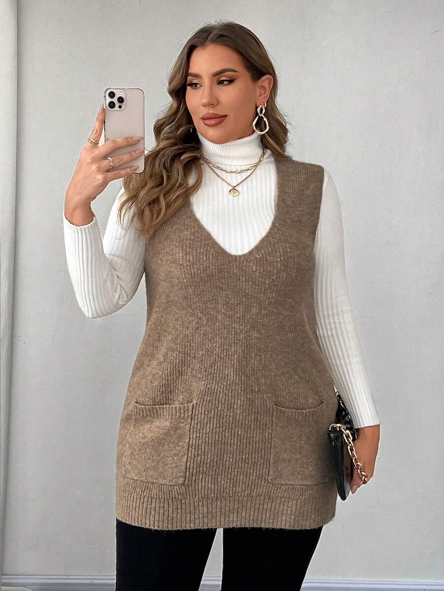 Franclia Plus Size V-Neck Pockets Solid Color Casual Comfortable Knitted Vest Sweater For Women, French Style