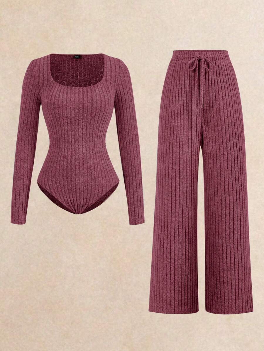 SHEIN Frenchy Conjunto de 2 piezas de body y pantalones de punto acanalado de talla grande, conjunto de entrenamiento cómodo, chándal, estilo casual, body de manga larga y pantalones de pierna ancha, ropa básica esencial de otoño e invierno