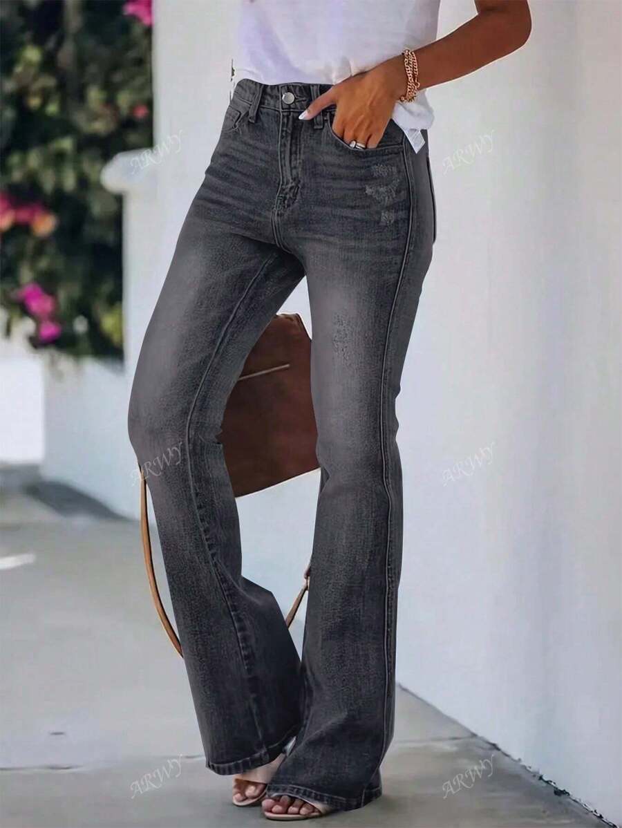Women's Fashionable Versatile Washed Slant Pockets Flare Leg Jeans