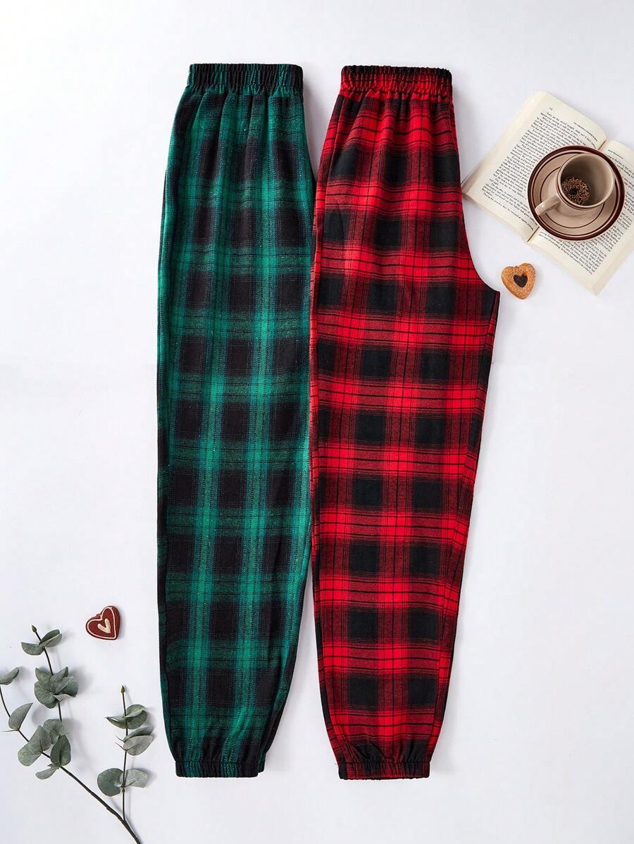 2pcs Plaid Print Women Elastic Waist Pajama Set, Includes Pants