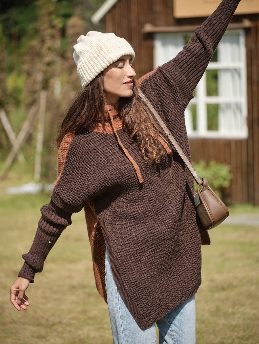 LanaWest Women Hooded Contrast Color Split Hem Casual Pullover Sweater, Long Sleeve