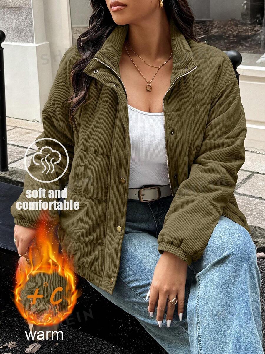 Calvaya Abrigo casual acolchado con cierre frontal de unicolor, diseño minimalista, para invierno - Talla grande