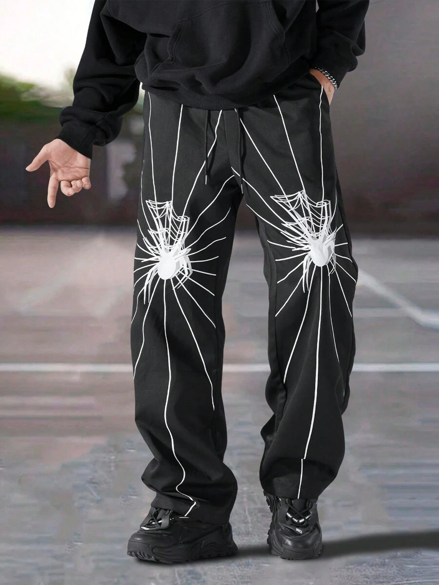 Manfinity EMRG Heren Casual Spinnenprint Trekkoord Taille Schuine Zak Losse Rechte Broek, Uitgaan Horror Lange Kleurblok Broek, Voor Echtgenoot, Vriendje Cadeaus