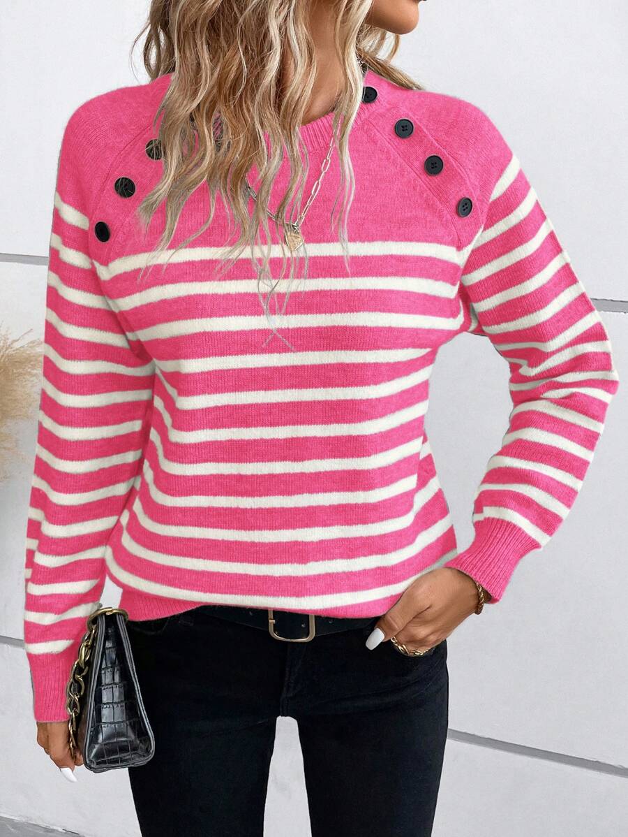 SHEIN LUNE Luźny, minimalistyczny sweter w paski z blokami kolorów i rękawami typu raglan, jesień/zima