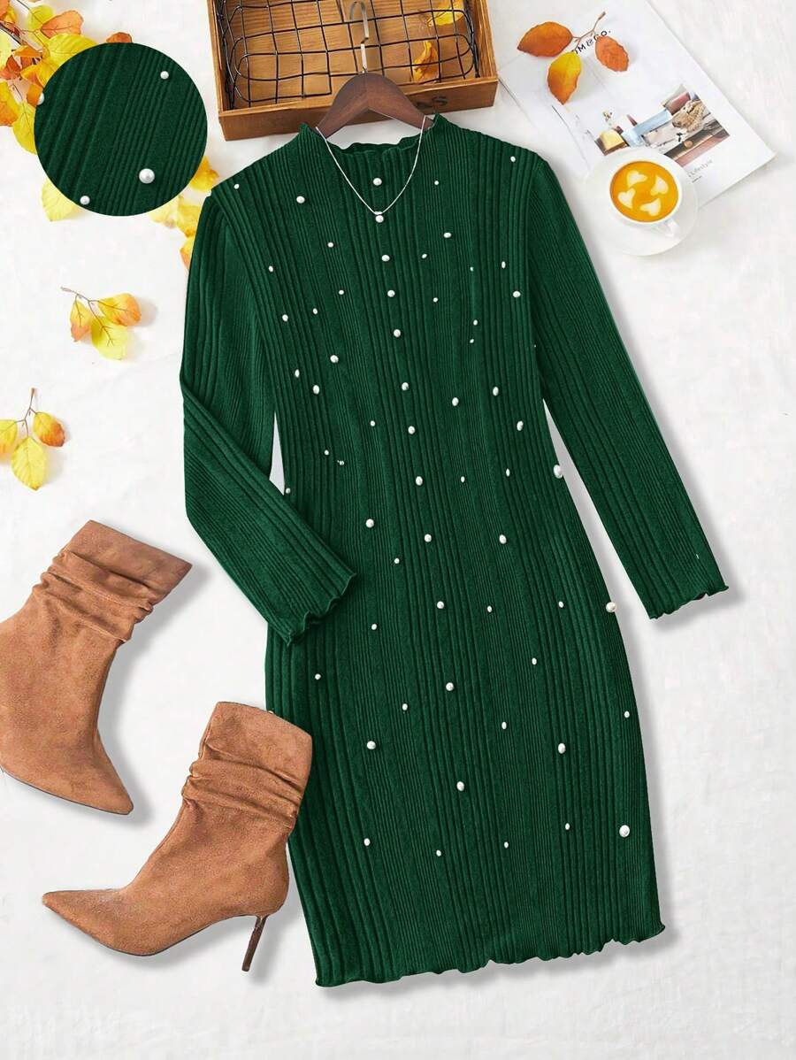 SHEIN LUNE Plus Size Women's Autumn/Winter Faux Pearl Decorated Stand Collar Long Sleeve Elegant Green Holiday Party Dress, For Christmas New Year Winter Clothes For Women New Years Women Outfit