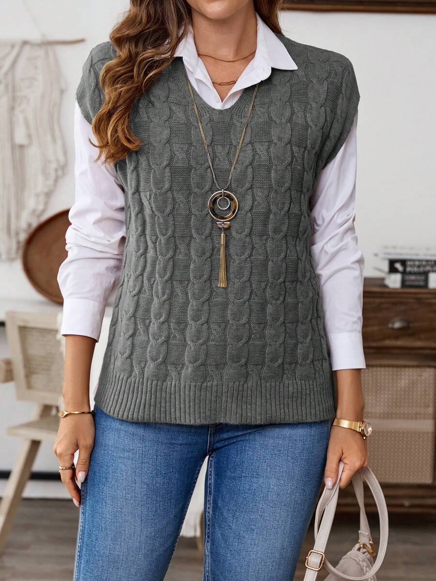 EMERY ROSE Women's V-Neck Solid Color Cable Knit Sweater Vest, Casual For Autumn/Winter