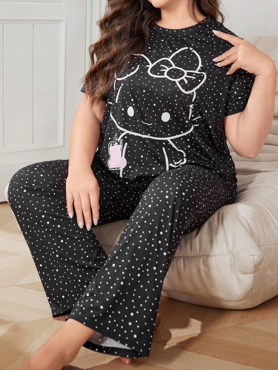 Rabbit Bow Decor Casual Sleepwear Set, Suitable For All Seasons, Plus Size