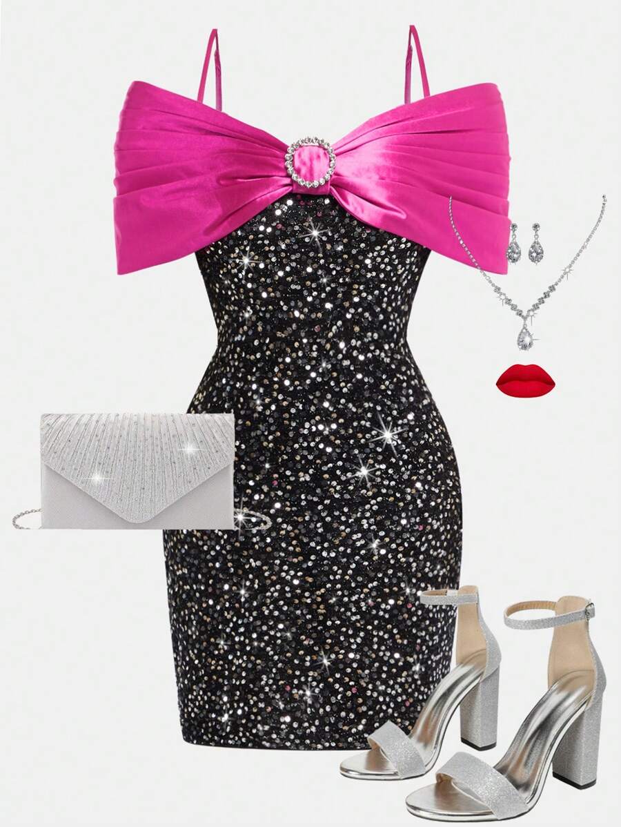 Girlism Teen Girl Elegant Sequins Bow Decor Party Dress, Suitable For New Year