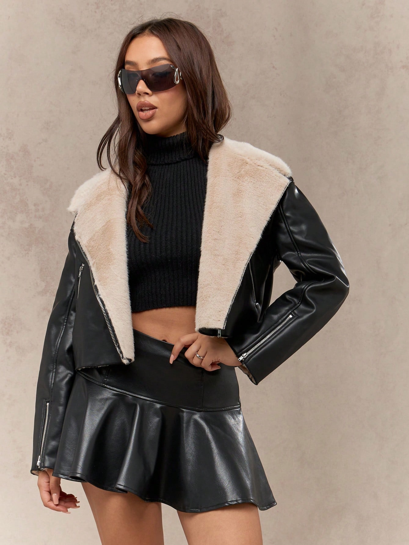 MISSGUIDED Faux Shearling Cropped Aviator Moto Asymmetrical