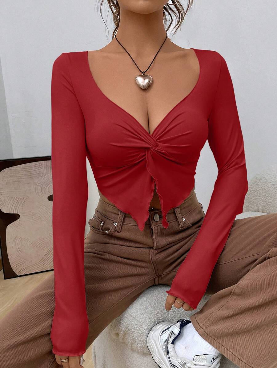 SHEIN EZwear Twist Front Asymmetrical Hem Khaki Crop Tee