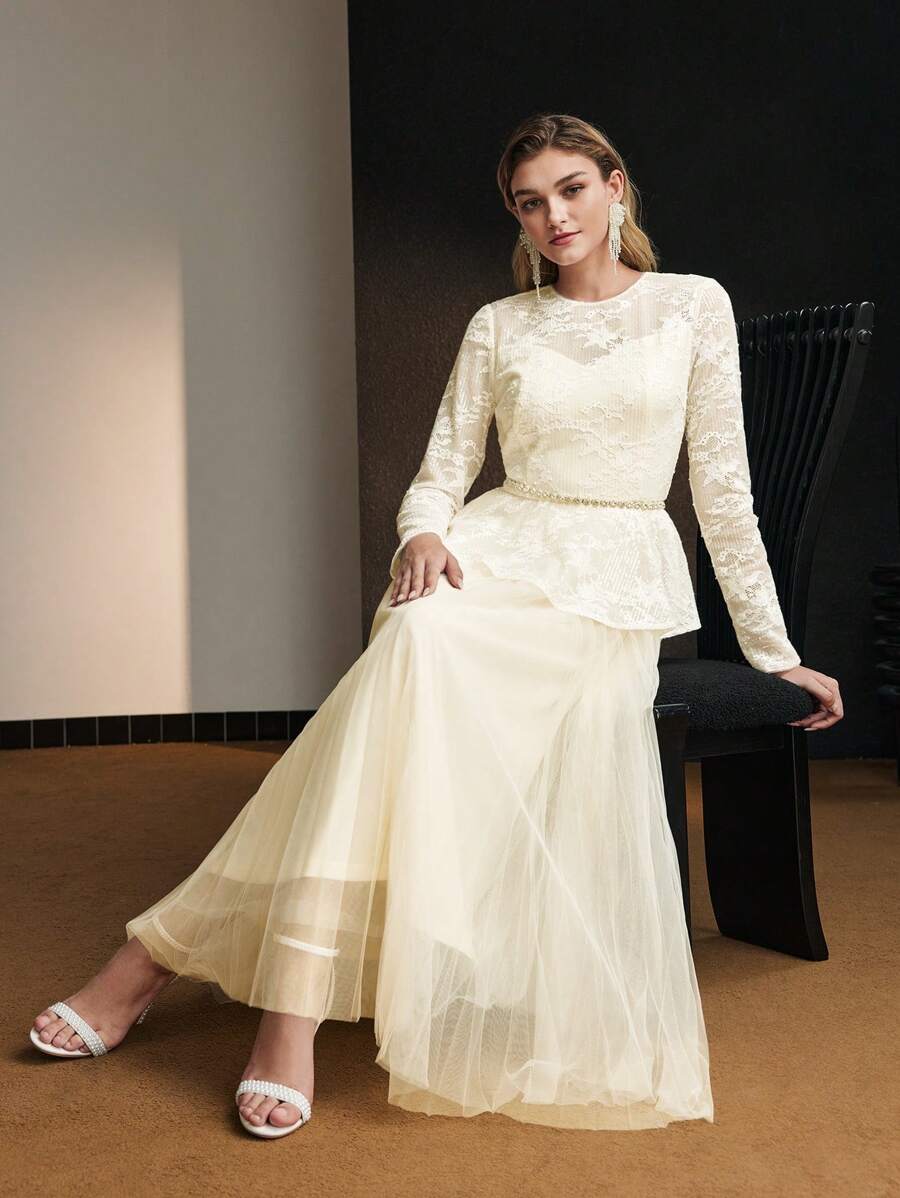 MOTF Soiréza SEQUINS LACE BODICE PLEATED HEM PEPLUM WAIST FORMAL EVENING DRESS