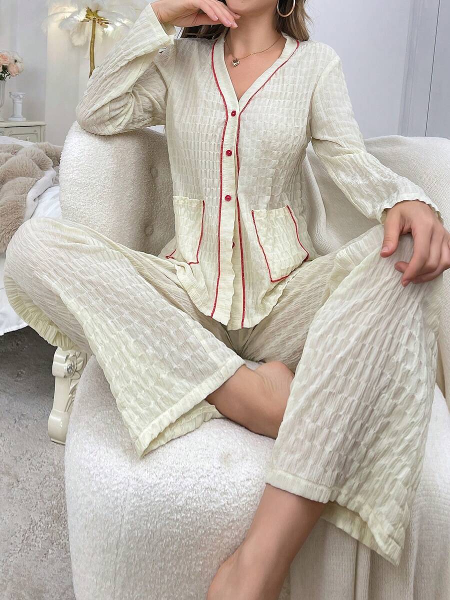 Conjunto de pijama de mujer con pantalón y cárdigan con textura y bolsillos con ribete en contraste