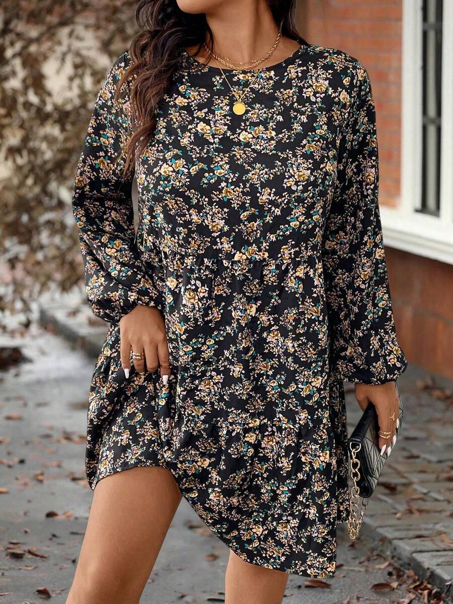 SHEIN LUNE Vestido casual suelto de manga farol con cuello redondo y estampado floral, perfecto para vacaciones, tallas grandes para mujeres
