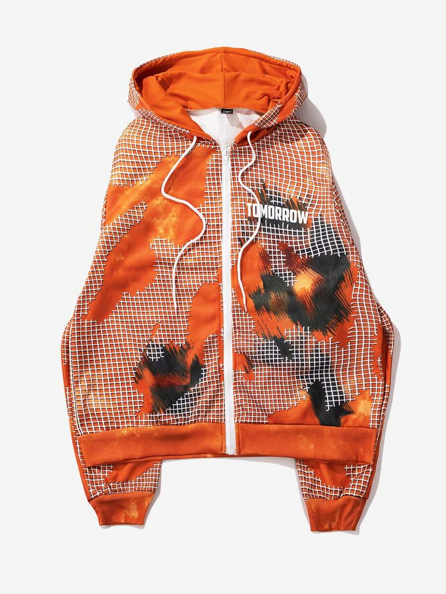 Manfinity EMRG Sudadera con capucha de moda urbana para hombres con efecto rasgado 3D y estampado de rejilla, sudadera con capucha con estilo callejero de