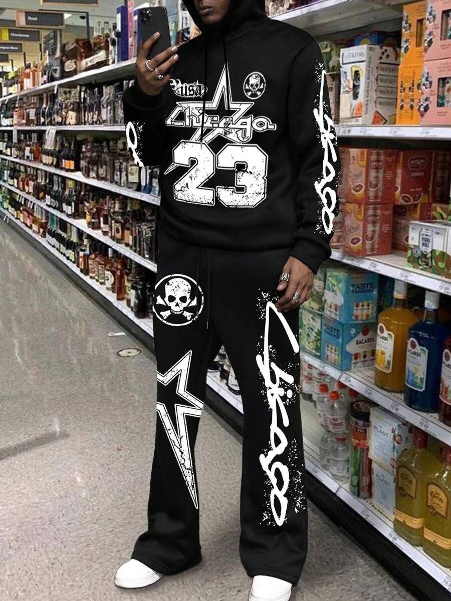 Manfinity EMRG 2pcs/Set Men's Autumn Letter & Pentagram Print Long Sleeve Drawstring Hoodie Sweatshirt And Sweatpants Casual Outfit