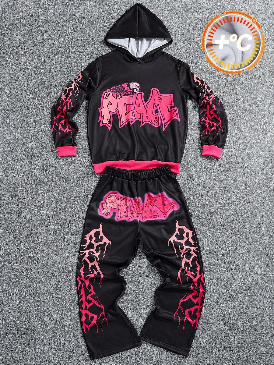 SHEIN 2pcs Set: Teen Boys Dark Punk Style Pink Lighting Graphic Hooded Sweatshirt And Wide Leg Pants, Fashion Streetwear