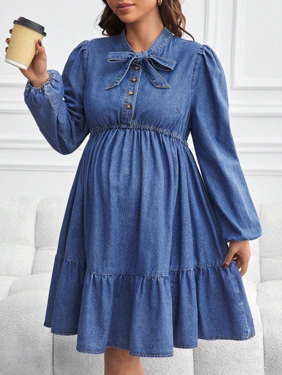 SHEIN Maternity Denim Dress With Loose Long Sleeve Shorts, Blue