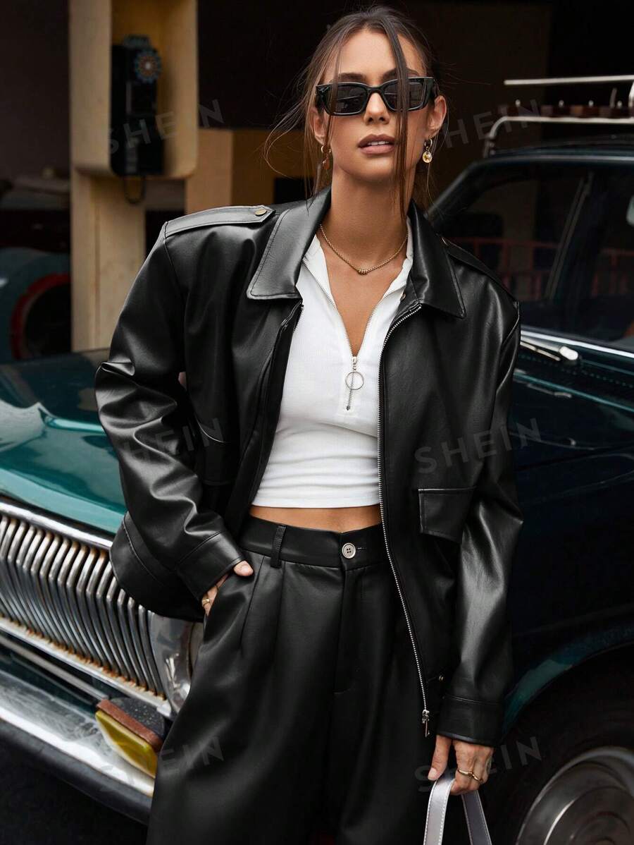 Aveloria Affinna Chaqueta holgada de mujer de piel sintética (PU) de color rojo oscuro con diseño de hombreras y bolsillo grande de estilo versátil y casual