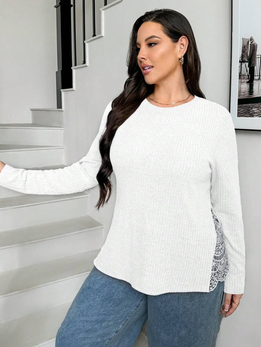SHEIN Essnce Plus Size Women's Autumn And Winter Brushed Round Neck Lace Patchwork White Long Sleeve T-Shirt,Fall Clothes,Winter Tops,Warm Tops,Fall Women Outfits,Fall Shirts,Long Sleeves Woman,Curv Tops,Cruise Women Outfits,Work Tops,Teacher Clothes