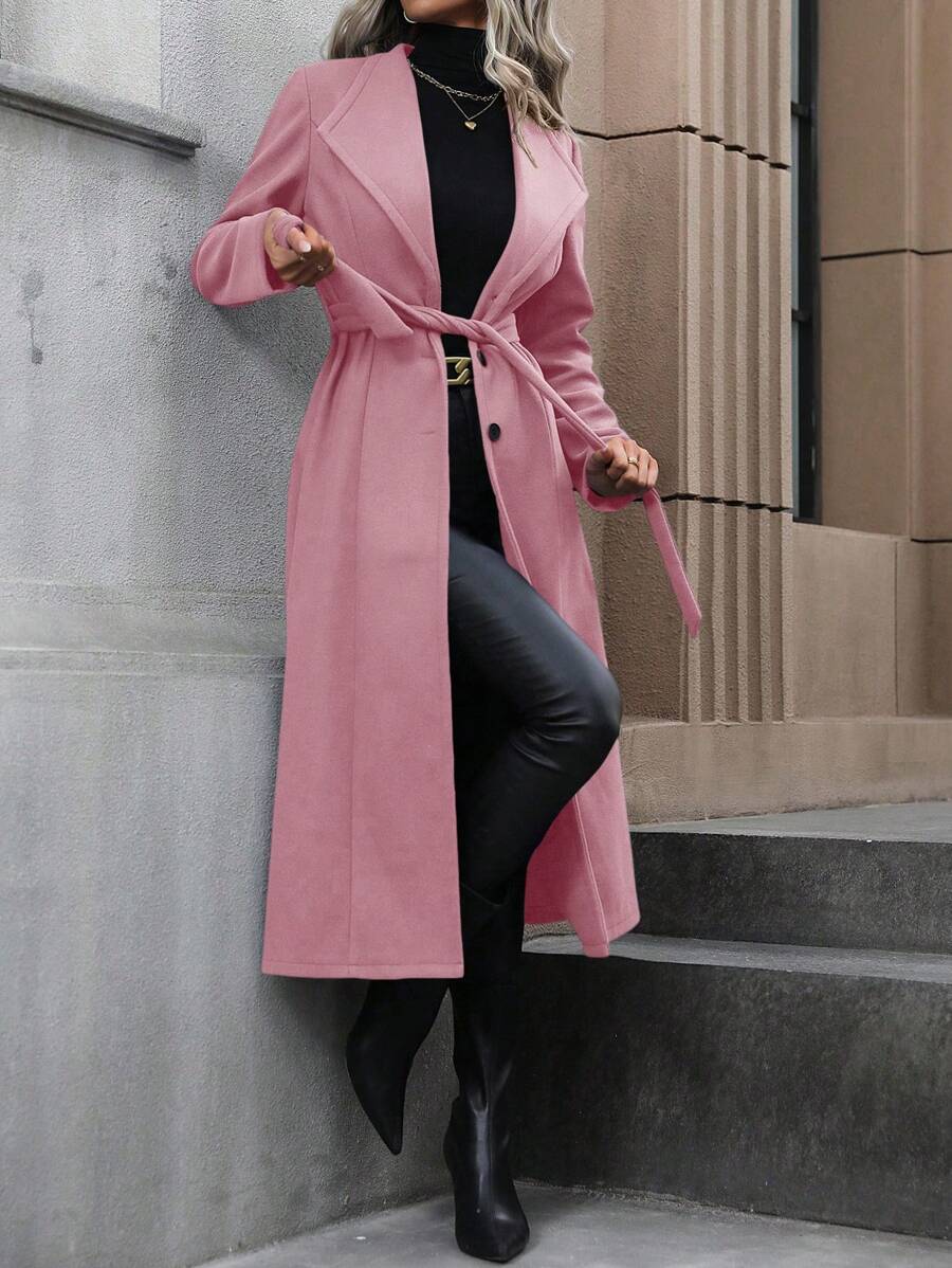 SHEIN Clasi Women's Solid Color Belted Long Sleeve Lapel Overcoat