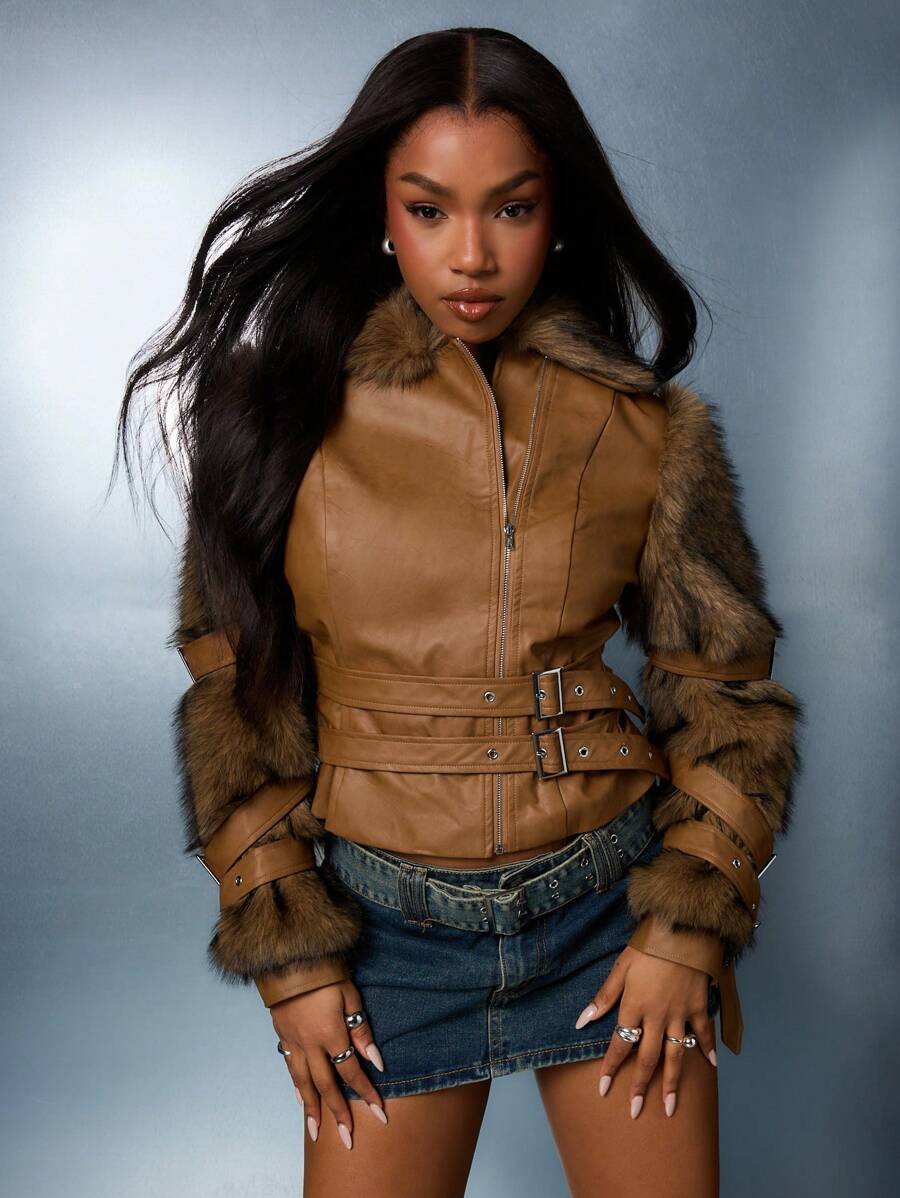 SUMWON WOMEN Chaqueta de moto con mangas de piel sintética de lujo, con doble cinturón para el invierno y el otoño, una declaración de moda, con cremallera delantera, moda alta y chic de street wear