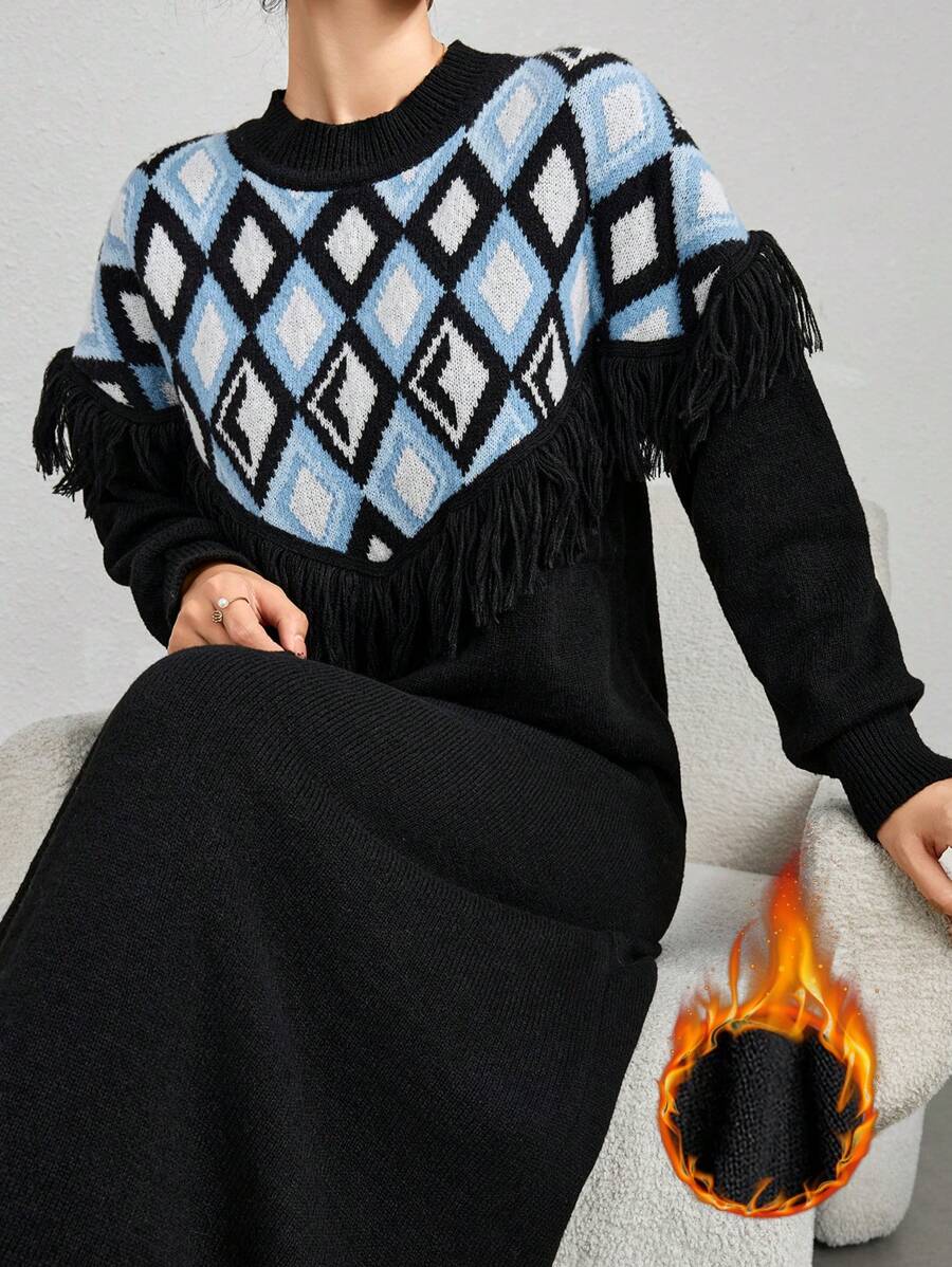 Mulvari Women's Rhombus Pattern Round Neck Tassel Elegant Long Sleeve Sweater Dress