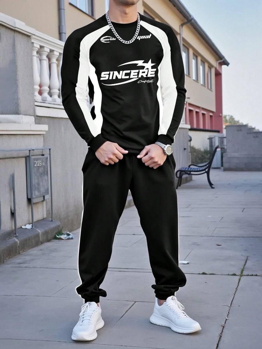 Manfinity LEGND 2 piezas Chándal casual de talla grande para hombres con sudadera de cuello redondo con estampado de letras en contraste y pantalón de chándal con bolsillo con cordón