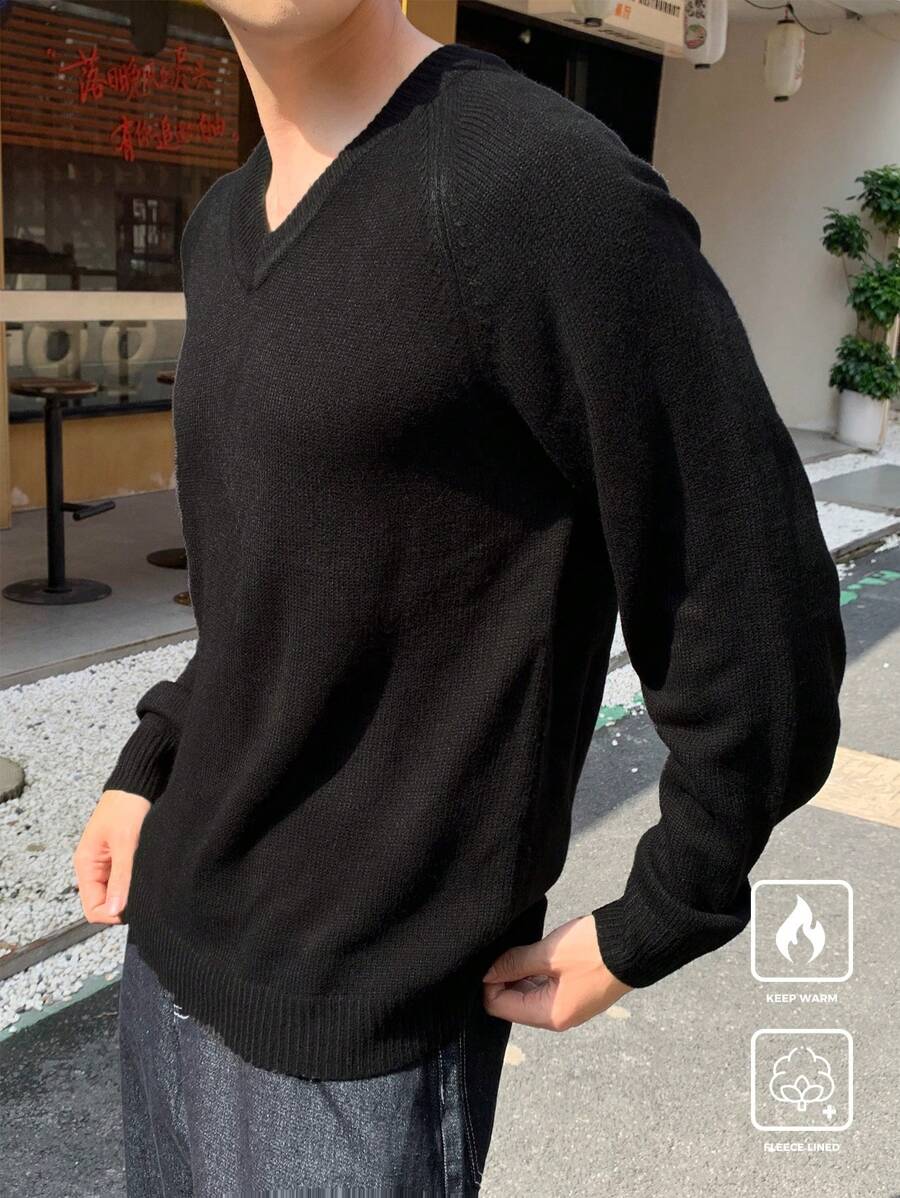Manfinity Hypemode Maglia casual da uomo in tinta unita con scollo a V, maniche lunghe, versatile, adatta per uscire con gli amici