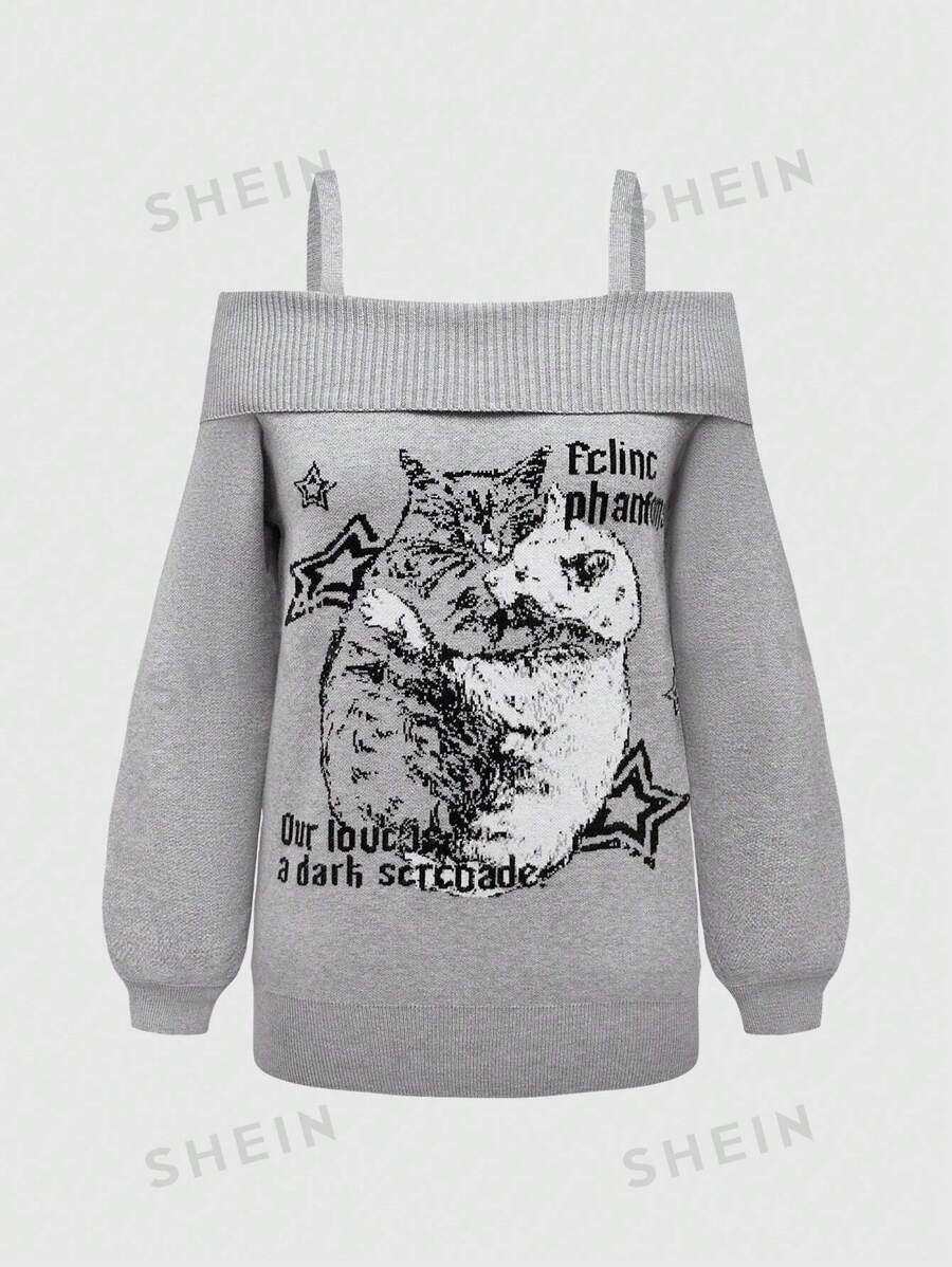 ROMWE Goth Suéter holgado con abertura en los hombros y patrón jacquard de gatos en talla grande en color gris