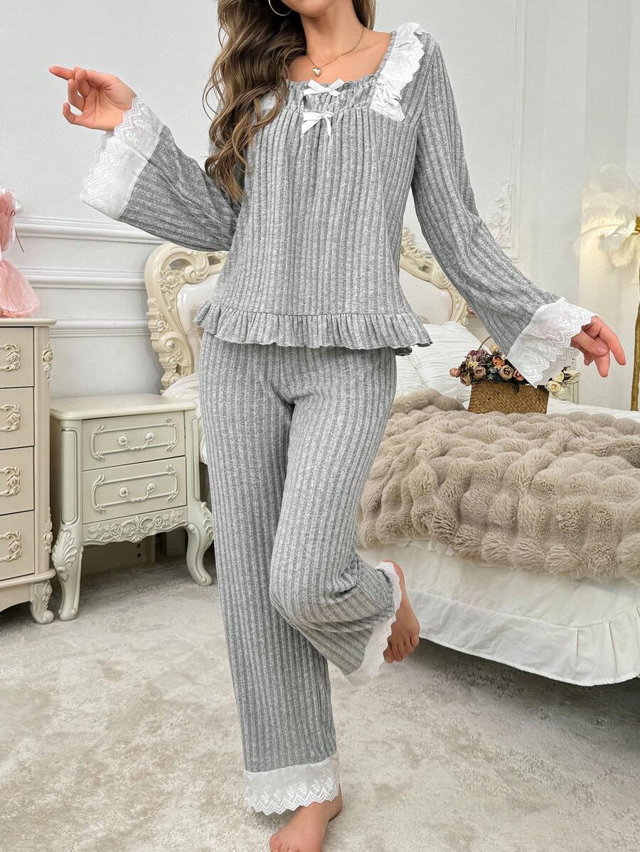 Conjunto de ropa de dormir de manga larga con cuello cuadrado y ribete de color contrastante, de ajuste suelto para primavera y otoño
