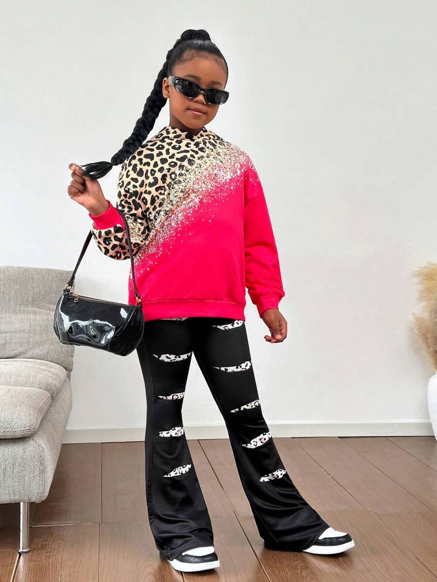 Ensemble sweat-shirt à capuche léopard brillant rose vif et leggings usés, décontractée pour filles pré-adolescentes. Convient pour le port quotidien en automne/hiver