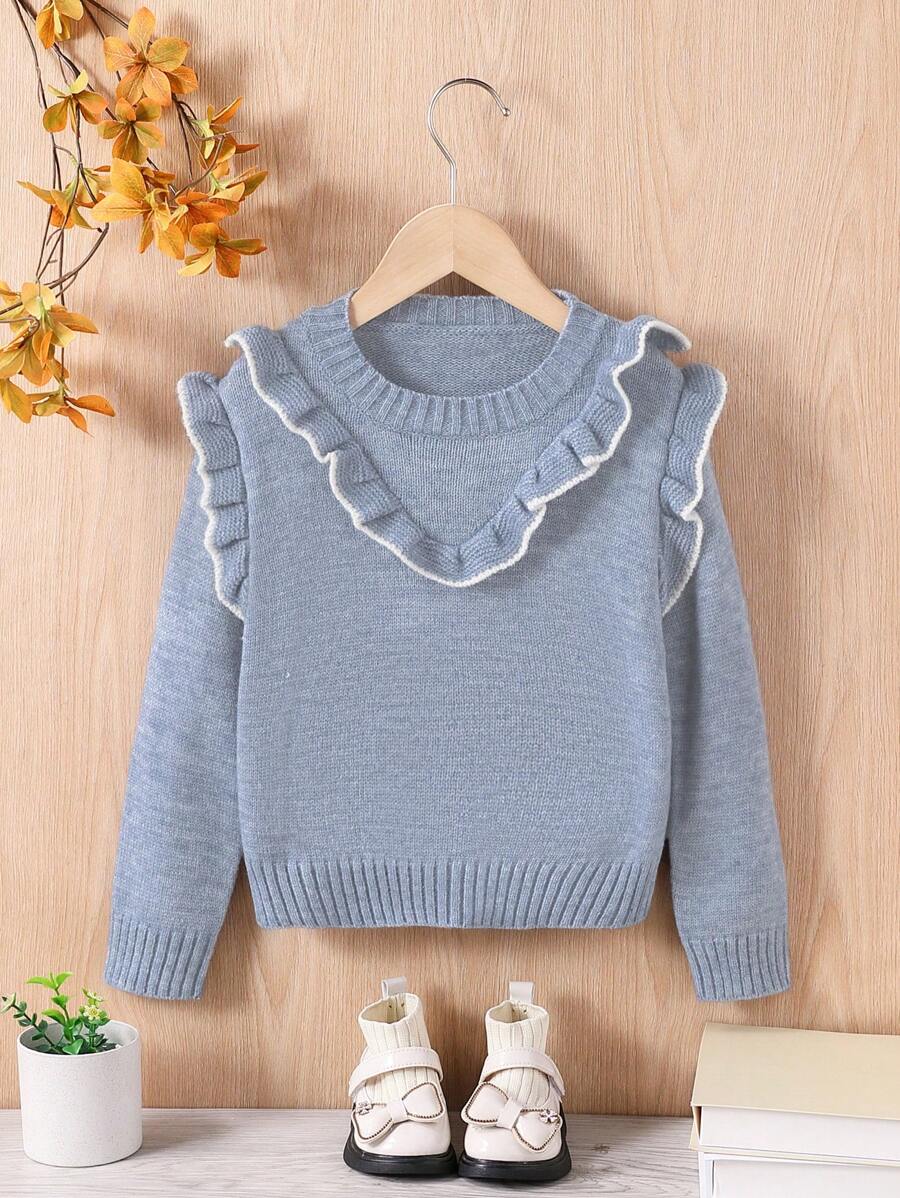 Herfst/Winter Franse Stijl Contrasterende Kleur Ruffle Zoom Schattige Ronde Hals Trui Pullover Lange Mouw Meisjes Jonge Meisjes Gebreide Trui, Geschikt Voor Buitensporten En Casual Thuiskleding