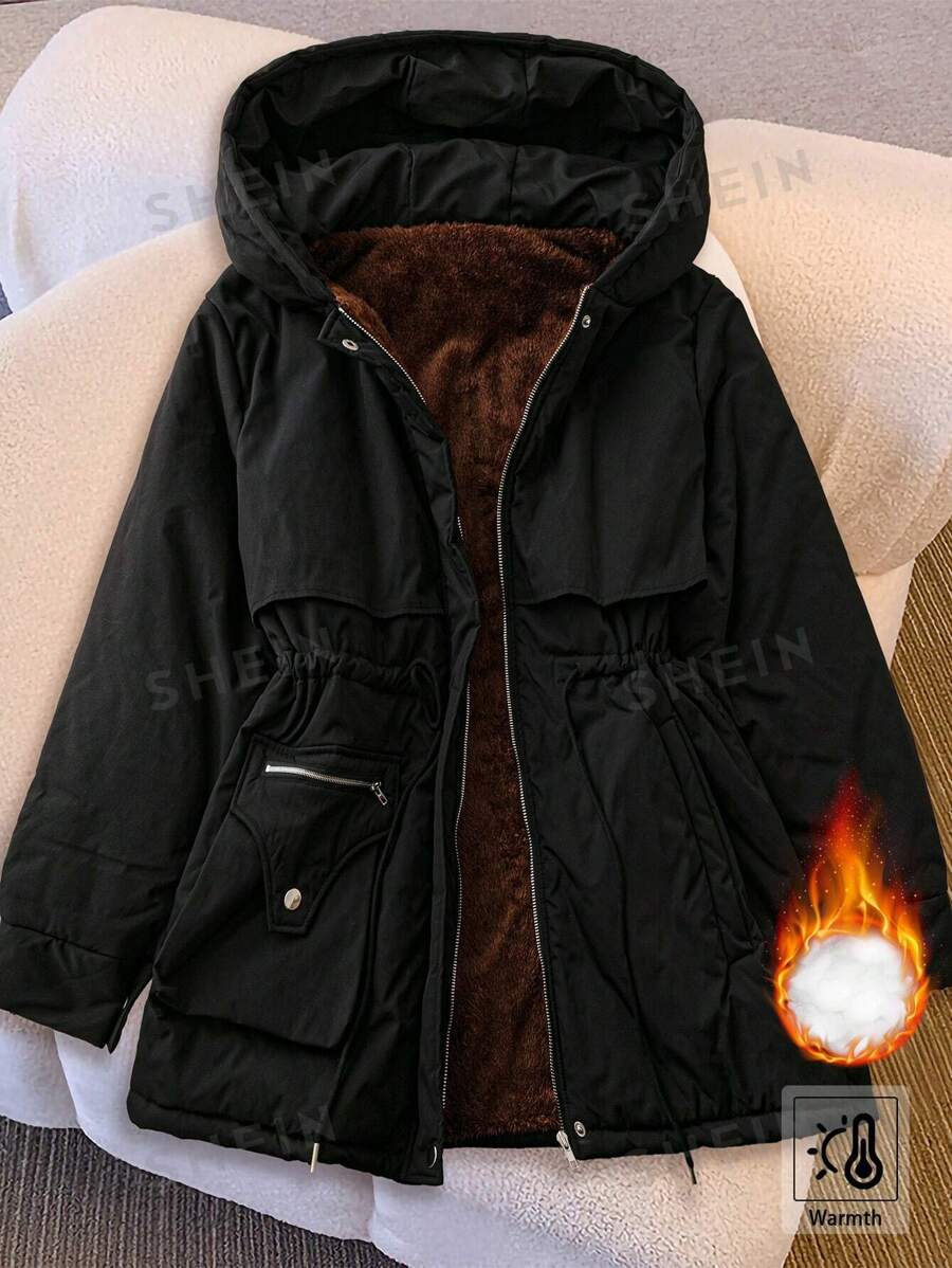 SHEIN LUNE Abrigo acolchado con capucha con cremallera, forrado térmico, de talla grande, para otoño/invierno
