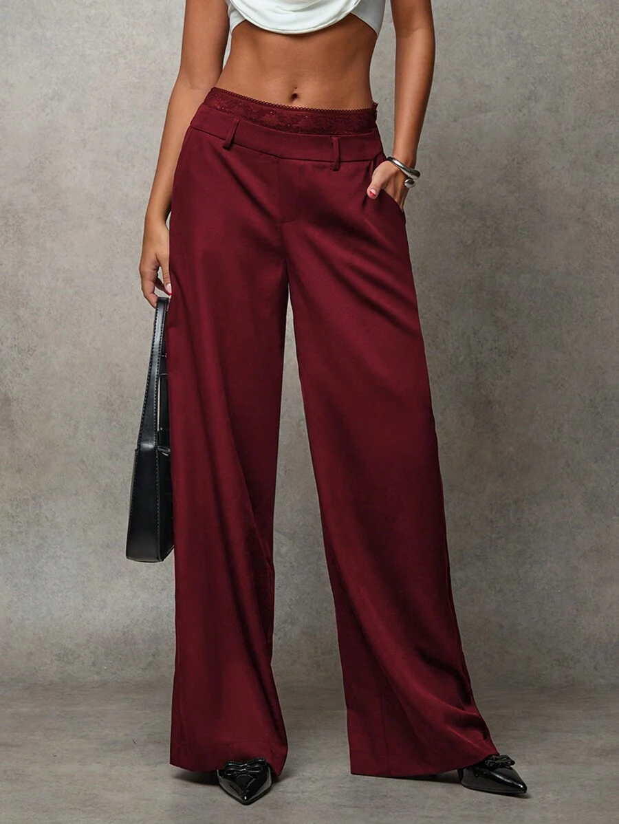 SHEIN BAE Pantalones anchos de cintura baja sueltos con bolsillo, parche de encaje retro, doble cinturilla, aptos para el invierno/otoño, de uso casual/moda al aire libre/versátil casual para mujer, en color negro liso