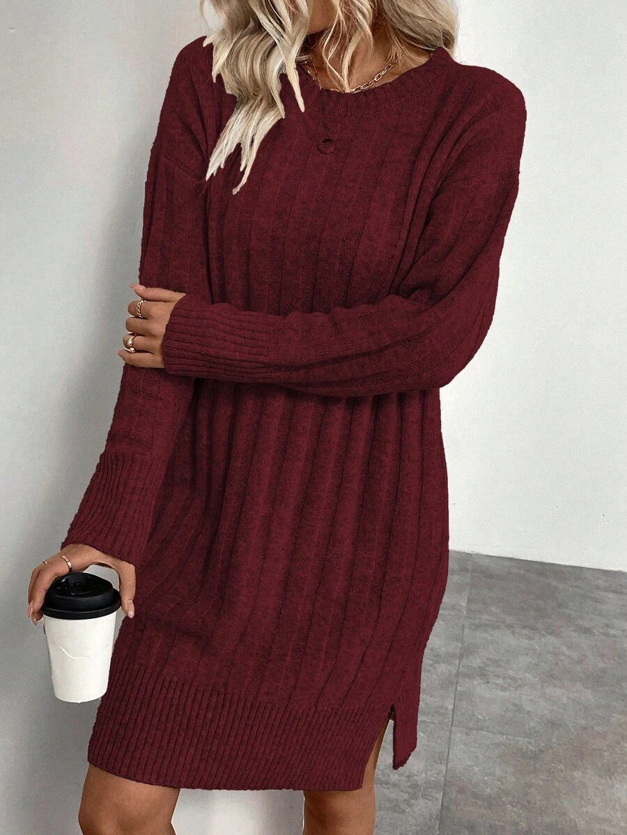 SHEIN LUNE Solid Color Round Neck Long Sleeve Casual Slit Sweater Dress