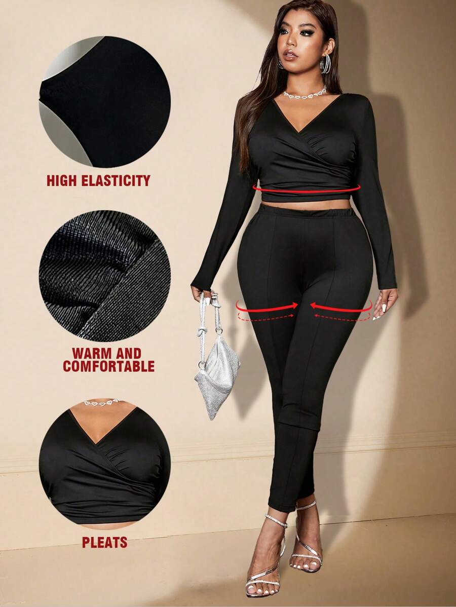 Viva Relle Plus Size Women Cross V-Neck Long Sleeve Solid Color Top And Leggings Casual Suit, Autumn