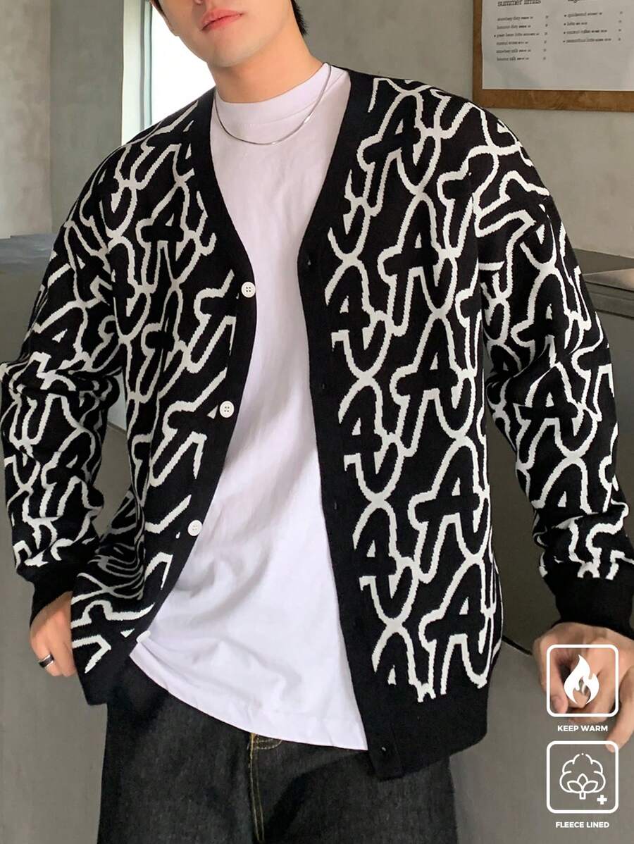 Manfinity Hypemode Chaqueta informal de punto de un solo pecho con gráfico de letra para hombre, otoño/invierno