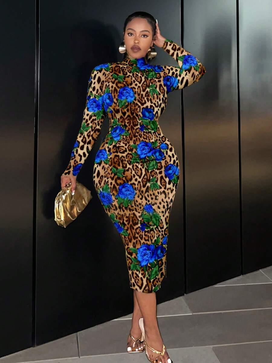 Slaydiva Elegant Minimalist Leopard & Rose Print Long Sleeve Round Neck Fitted Dress For Plus Size Women, Autumn/Winter