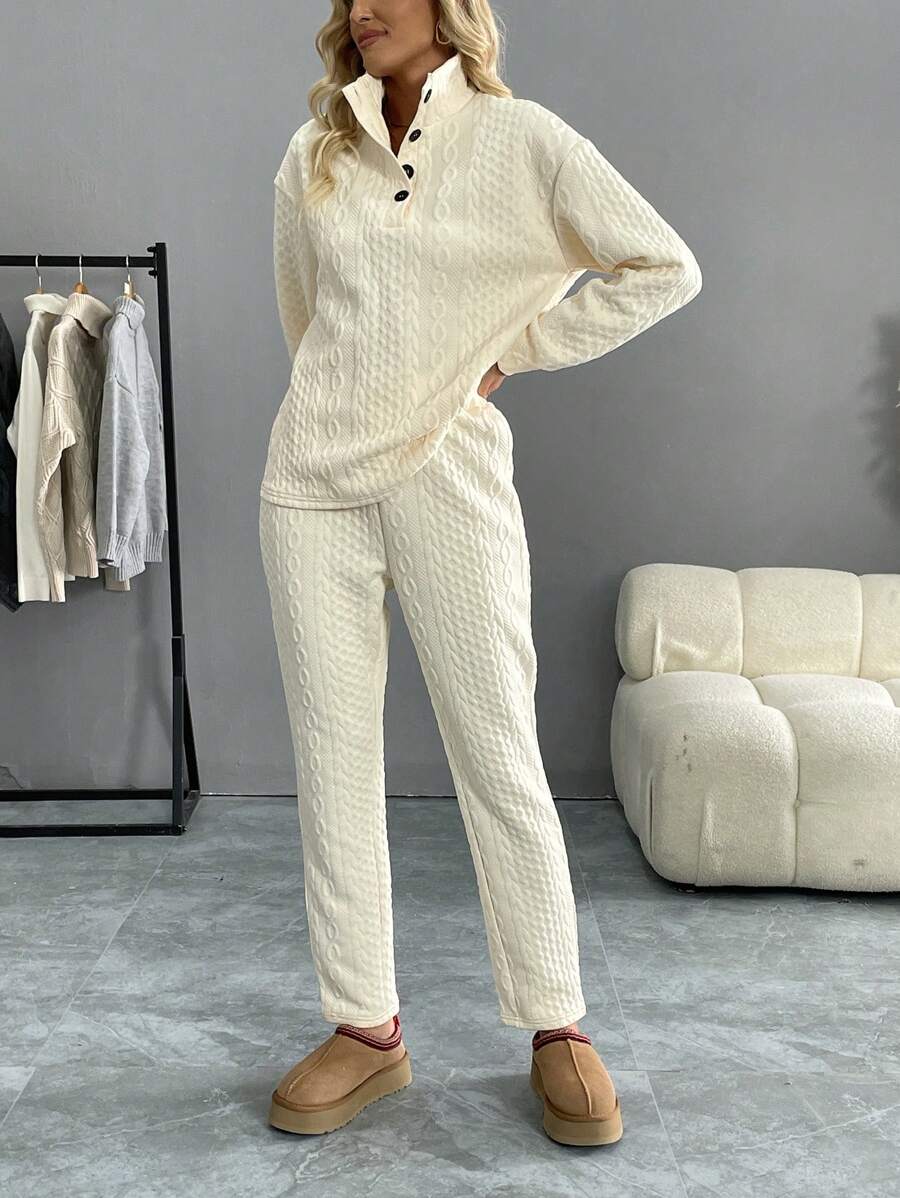 SHEIN LUNE Women 2pcs Set Solid Color Front Button Long Sleeve Casual Top And Pants